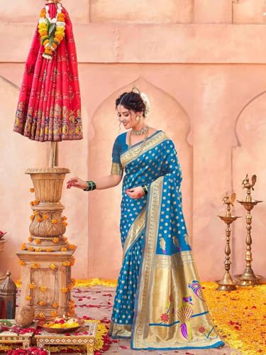 Image of SIRIL Women's Silk Weaving Paithani Saree with Unstitched Blouse Piece