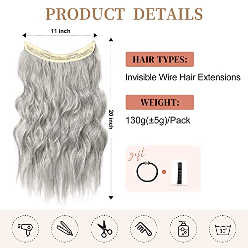 Yogfit Invisible Wire Hair Extensions With Transparent Wire Adjustable Size 2 Secure Clips, Clips Long Synthetic Secret Hairpieces For Women (20 Inch, Silver Grey) #TOP1