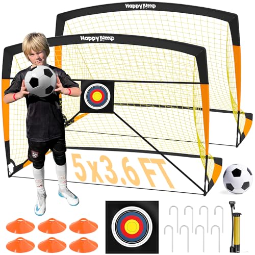 Happy Jump Pop-Up Fußballtore – 152x110 cm, 2 Tore, Schwarz Orange mit Ball, Pumpe, Hütchen & Zielscheibe | Komplettes Training-Set für Garten & Familie