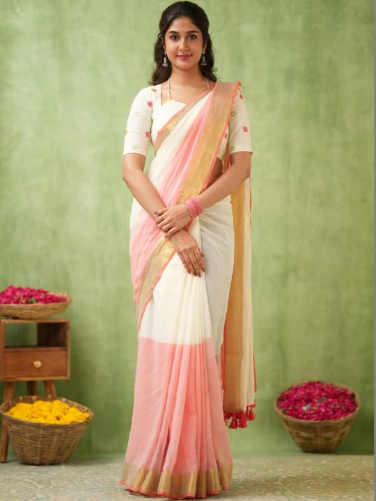 Image of Women's Cotton Silk Handloom Plain Solid Golden Zari Border Saree with Unstitched Blouse Piece | 5.5 Meter Saree + 0.8 Meter Blouse Piece | Traditional Ethnic Wear