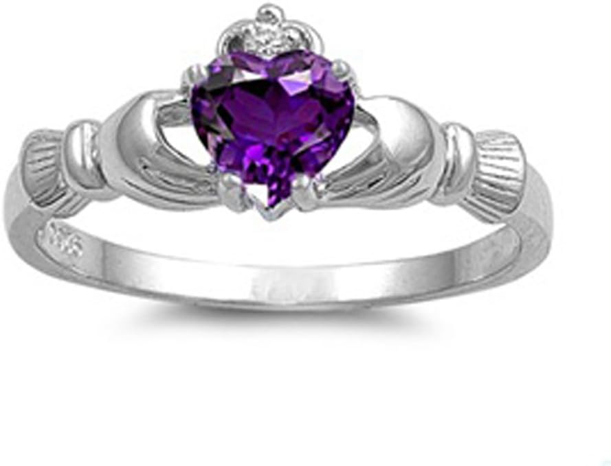 Sterling Silver Simulated Amethyst CZ Heart Claddagh Ring 9MM (Size 4 to 12)