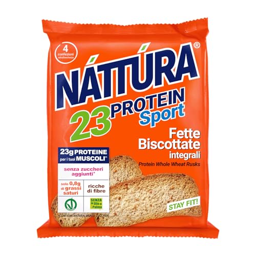 NATTURA PROTEIN SPORT Fette Biscottate Integrali, Fette Integrali Senza Zuccheri Aggiunti, Senza Olio di Palma, Vegane, 23% di Proteine, 4 Confezioni da 30g