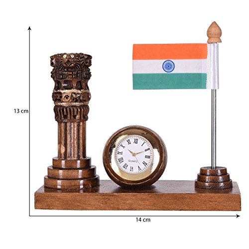Image of Craft Trade Round Wooden Table Clock with Ashok Stambha Pillar and National Flag