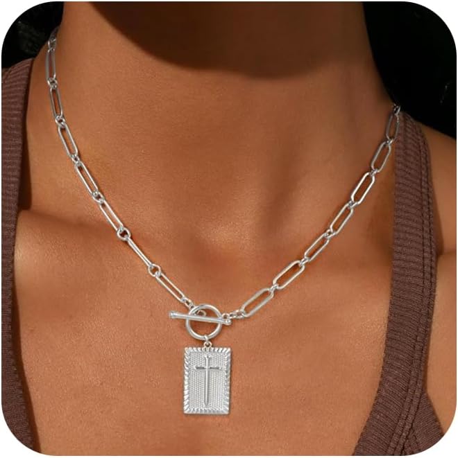 Gold Cross Necklace for Women Trendy Non Tarnish, Dainty 14K Gold Plated Paperclip Toggle Clasp Chain Necklace Rectangle Pendant Christian Religious Necklaces Gold Jewelry for Women Gifts