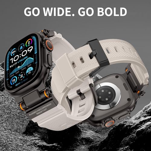 Image of FOAMUNOC Rugged Band Compatible with Apple Watch Ultra 3 /2 /1 Band 49mm /46mm /45mm /44mm /42mm, Metal Connector with Strap for iWatch Ultra Series 11 /10 /9 /8 /7 /6 /SE3 /SE2 /SE /5 /4 /3 /2 /1, Starlight /Black