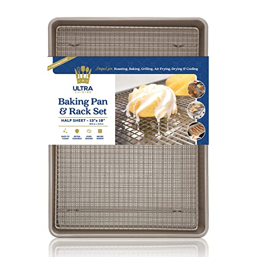 Ultra Cuisine Wire Rack Baking Sheet Pan Set - Half Sheet Pan Set with 100% Stainless Wire Rack - Dishwasher Safe - Steel Reinforced Rim - Aluminum Co
