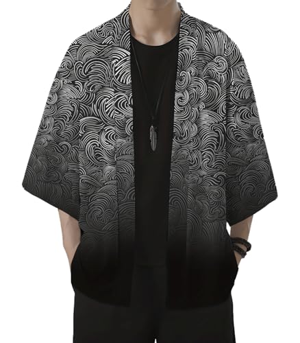 INVACHI Men's Kimono Jacket Seven Sleeve Open Front Kimono Cardigan Lightweight Patterned Japanese Shirt