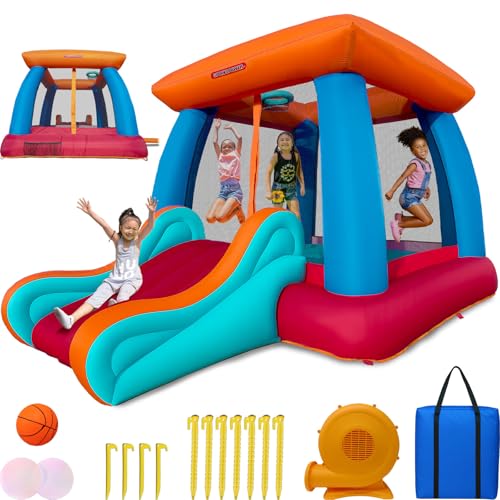 Sportspower My 1st Inflatable Bounce House with Slide & Basketball Hoop, Large Indoor/Outdoor Bouncer for Kids, ASTM Certified, on 400W Blower