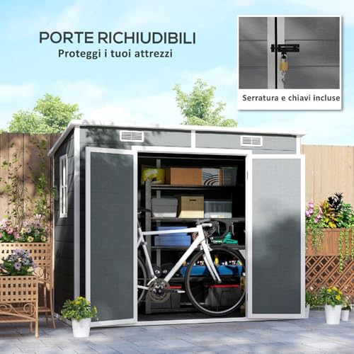 Dechome - Casetta Da Giardino In Resina Con Pavimento, 2 Porte Con Blocco Finestra 2.4 X 1.3 M Colore Grigio - 6