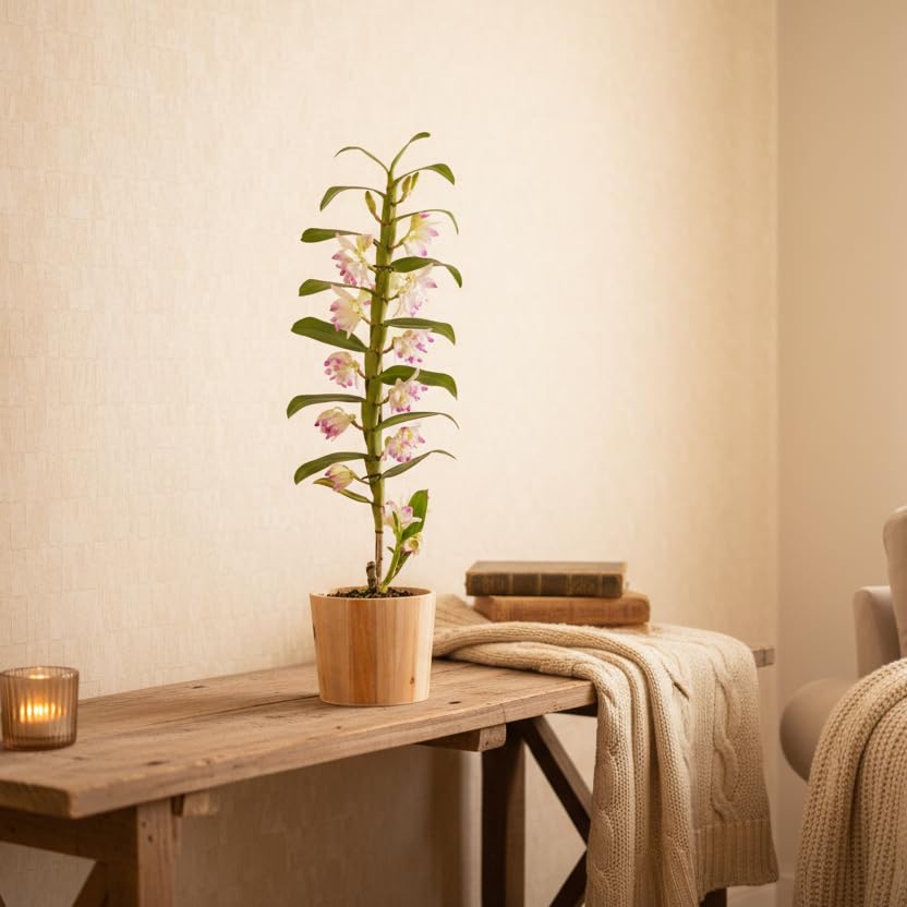 Dendrobium Orchid Plant - 1 Stem Houseplant with Rustic Ceramic Pot Included - Perfect Indoor Decor by Luxe Leaf Plants
