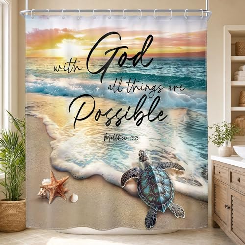 Beach Ocean Turtle Shower Curtain Set Coastal Bible Verse Bathroom Decor