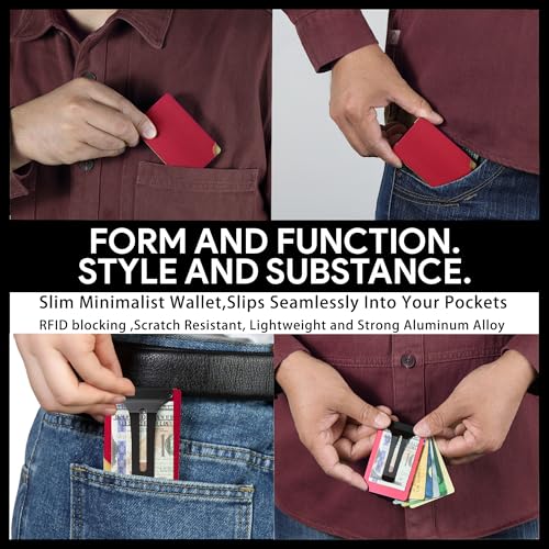 Image of Minimalist Wallet for Men, Slim Metal RFID Blocking Wallet Credit Card Holder Money Clip & Cash Strap, Scratch-Resistant Holds 15 Cards,Ideal Gift for Men | Matt Red