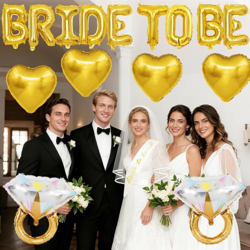 Image of Gold Bachelorette Party Decorations, Gold Bride to Be Banner Heart Balloons with Diamond Ring Foil Balloon, Bride to Be Sash&Veil for Bachelorette Engagement Gift Bridal Shower Party Supplies