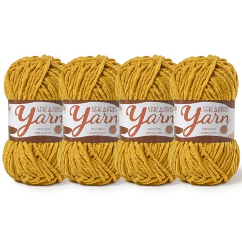 Image of 4 Pack Fluffy Velvet Yarn for Crocheting,Baby Blanket Yarn for Crocheting Soft,200g(262.4yds) Amigurumi Yarns,Plush Chenille Crochet Yarns,Puzzle Yarn for Crochet Weaving Craft(4 Turmeric)