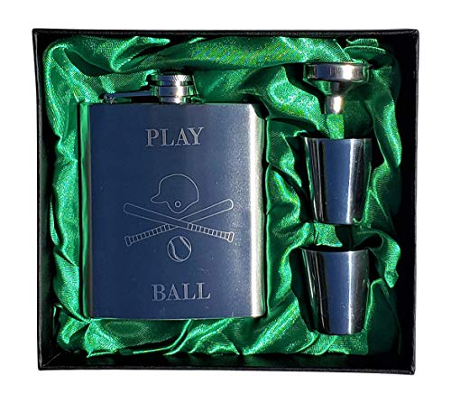 Flash Deals - 50% OFF Baseball Themed Flask Gift Set - 7oz Flask Engraved with Play Ball