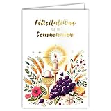 68 6003 Carte Félicitations pour ta COMMUNION en Or Doré Brillant avec Enveloppe 12x17,5cm pour Jeune Chrétien(ne) Catholique Bougie Blé Pain Ostie Coupe Calice Raisins Vin Bible Fabrication Française