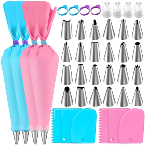 lonllidin Piping Bag and Tips Set,Reusable Pastry Bag,Baking Piping Set,Including 24 Piping Tips,4 Piping Bags,4 Couplers,4 Bag Ties and 6 Cake Scrapers for Baking Cake Decorating
