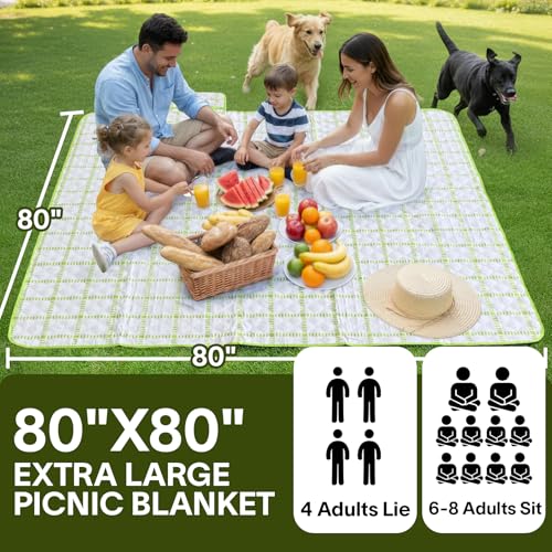 Alvantor® Extra Large Picnic Blanket, 80"x80" Waterproof Outdoor Blanket, Foldable Camping Blanket with Hook & Loop Straps, Portable for Beach, Park, Travel, Sandproof, Soft & Durable,Green by Alvantor - Image 2
