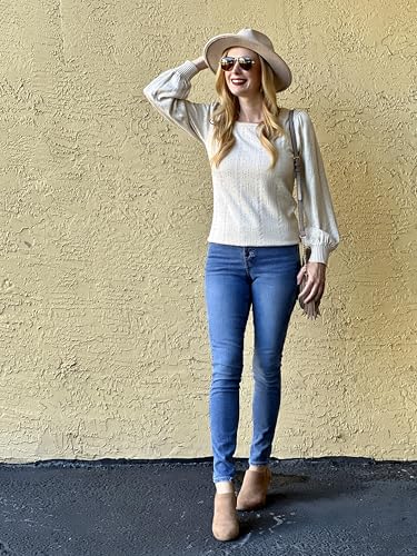 Image of HOTOUCH Sweaters for Women 2026 Fall Trendy Tops Casual Puff Sleeve Square Neck Cute Tunic Pullover Blouses XS-XXL