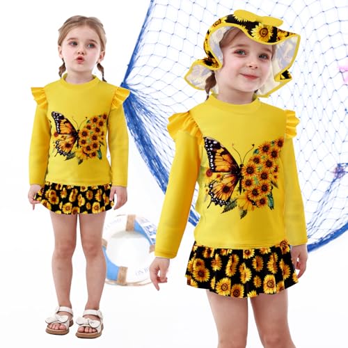 Cutemile Little Girls Rash Guard Set 3 Piece Swimsuit with Hat UPF 50+ Long Sleeve Swimwear 1-6 Years2