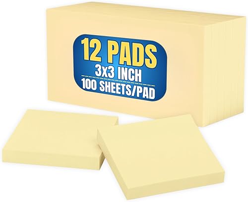 1InTheOffice Notas adhesivas de 3 x 3, notas adhesivas amarillas, bloc de notas autoadhesivas, 100 hojas/paquete, 12 unidades