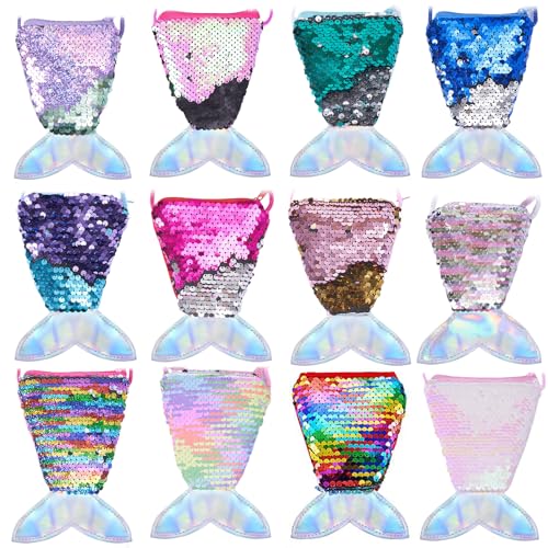 12Pcs Mermaid Tail Coin Purse for Girls Reversible Sequin Mini Wallets Pouches Colorful Sequins Bag for Party Favor Christmas Holiday Gift