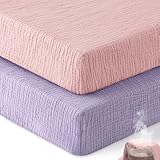 Unnivoll Sábanas Ajustables 60 x 120 cm para cunas, 100% algodón Muselina, Paquete de 2 sábanas para cunas, sábanas Ajustables Transpirables y Suaves, Rosa y Violeta.