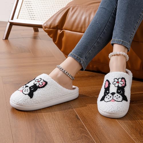 Dog Slippers Winter Fluffy Plush Slippers Animals Cute Cartoon French Bulldog Pattern Cuddly Warm House Shoes Indoor Outdoor Girls Women Men(36/37 EU, White)3