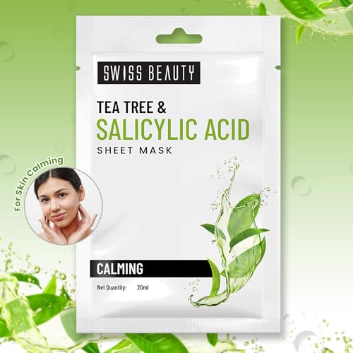 Image of Swiss Beauty Tea tree & Salicylic Acid calming Sheet Mask| Serum-infused sheet mask | Calms and purifies acne prone skin | 20ml
