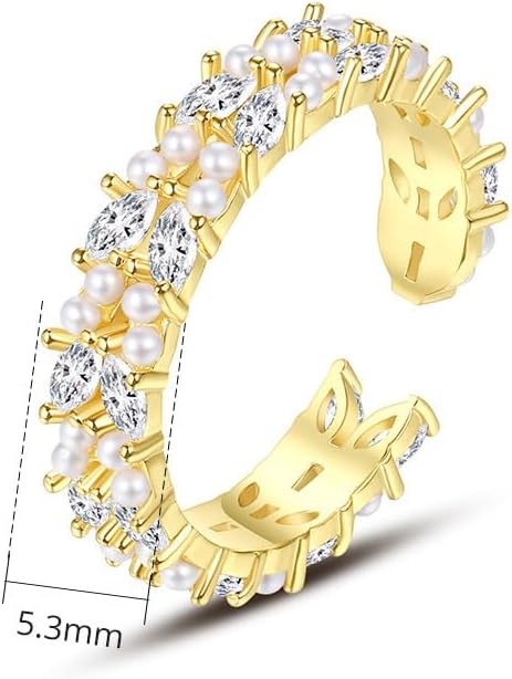 Adjustable 14K Gold Pearl and Moissanite Open Ring, Minimalist Statement Ring Perfect for Engagements and Women's Day