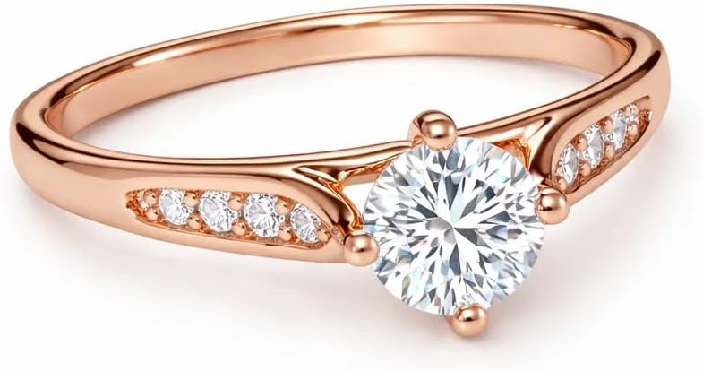 Engagement Ring for Women, 6mm Round CZ Solitaire Ring with Pavé Band, 18K Rose Gold Plated, Classic Wedding Ring, Promise Ring, Elegant Bridal Ring R43
