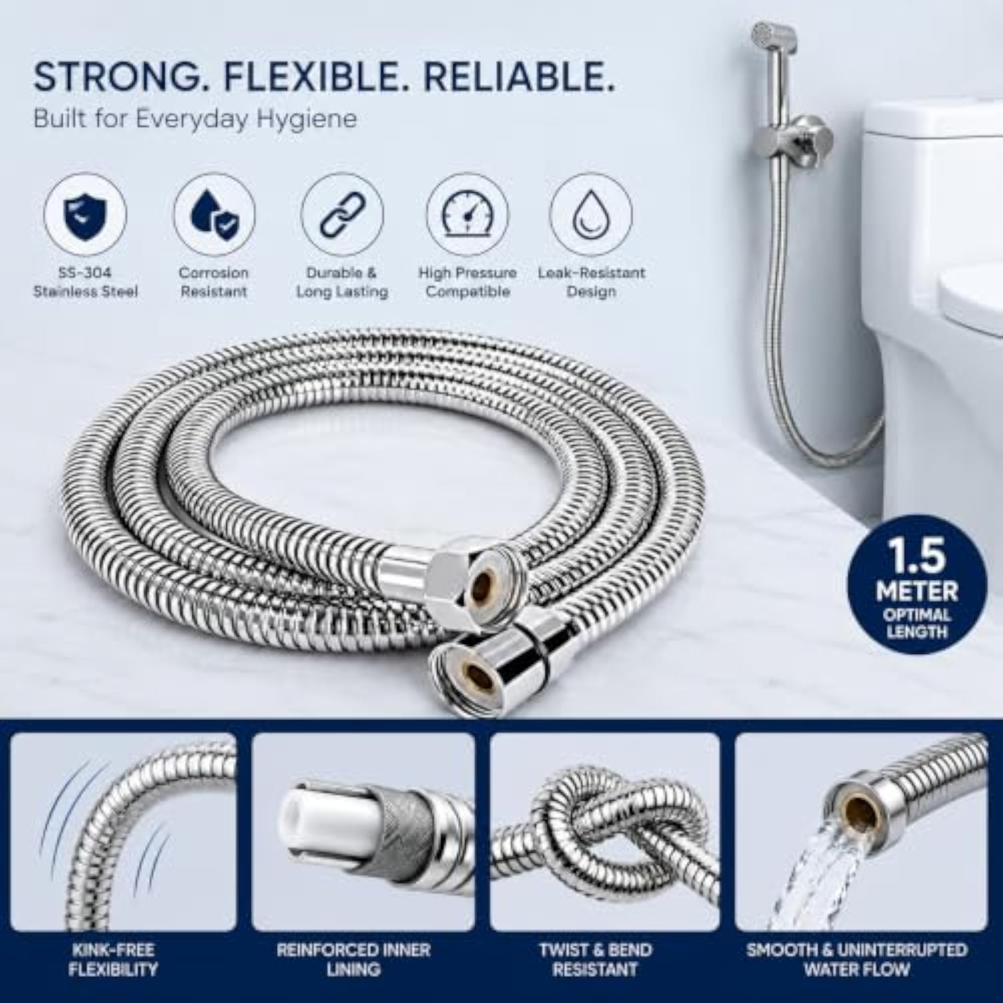 304 Stainless Steel Shower Hose, 1.5 Meter, Leak-Proof