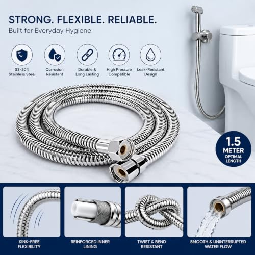 Image of Premium 304 Stainless Steel,Kink-Free, Leak-Proof, High Pressure,Shower Hose extendable, with EPDM Inner Tube, 1.5 Meter, for Hand Showers and Health faucets in high end Luxury bathrooms