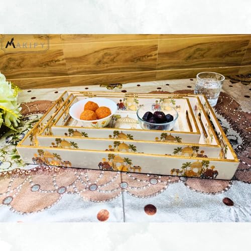 Image of Wooden Serving Tray with Gold Engraving | Set of 3 | Size: 16x10 Inch, 14x08 Inch, 12x06 Inch | Enamel Coated Waterproof | Tray for Decoration | Premium| Royal Camel and Elephant.