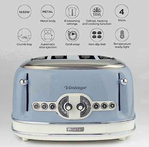 Ariete Vintage 4 Slices Toaster 156, Grille-Pain avec 6 Niveaux de Grillage, Éjection Automatique, Fonction Décongélation, Tiroir Ramasse-Miettes Amovible, Corps en Acier Inoxydable, 1600W, Bleu Clair
