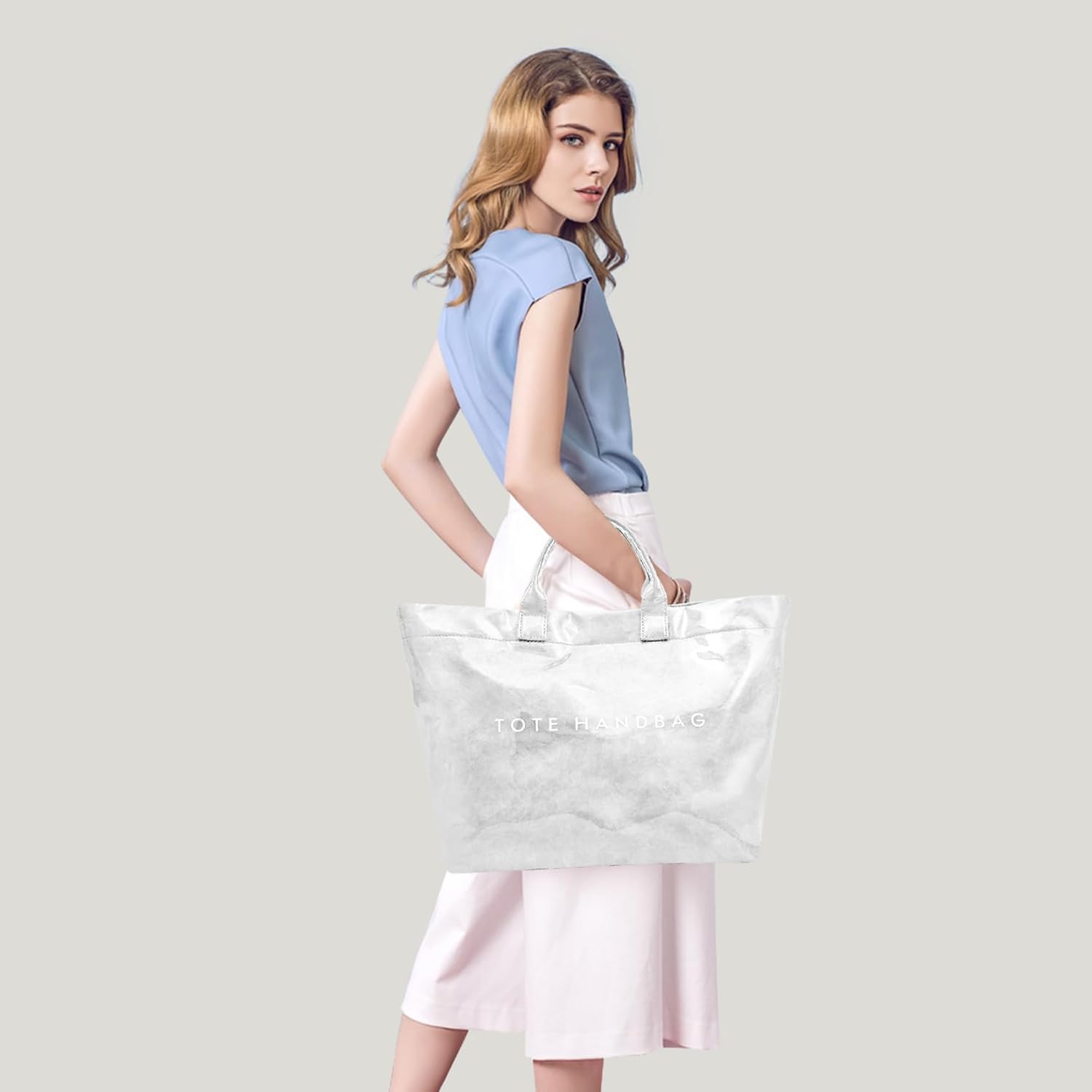 ALUSBELL Large PVC Tote Bag for Women Letters Print Tote Handbag Kraft Paper Travel Shoulder Bag Clear Carry All Hobo Handbag - Image 2