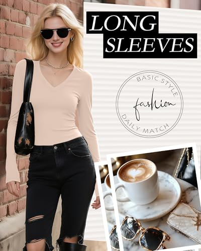 Ficerd 3 Pack Women's Long Sleeve Shirts, Cotton V Neck Basic Tees Slim Fit Casual Fall Tops Going Out Blouses T Shirts4