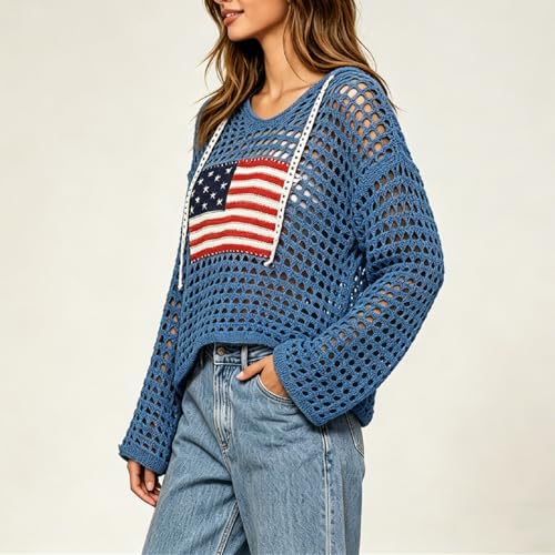 Image of Women's American Flag Crochet Sweater Long Sleeve Hollow Out Lightweight Knit Hoodie 2026 Summer Beach Cover Up Tops