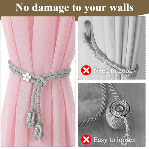 Cobee 4 Stück Vorhang Raffhalter,53cm Handgewebte Blumen Gardinenhalter ohne Bohren mit Verstellbare Curtain Rope Buckle Boho Raffhalter Vorhänge Dekorative für Büro und Schlafzimmer