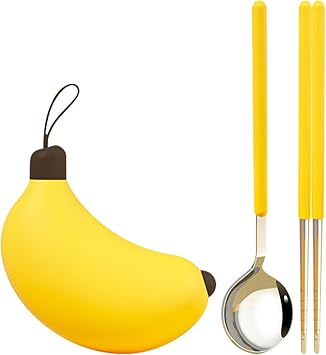 Creative Travel Cutlery Set with Banana Case - Reusable Stainless Steel Spoon, Chopsticks, and Portable Utensils for Office, School, Camping, and Outdoor Activities