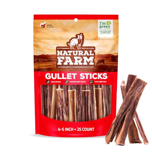 Natural Farm Gullet Sticks (4-5 Inch 25 Pack) Grain-Free Preservative-Free & Fully Digestible Beef Esophagus Gentle Yet Effective Fun - Best for Light Pups & Senior Chewers