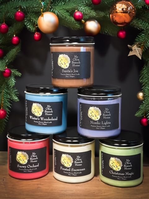 Winter Collection Premium Beeswax Blend Candles, Holiday Scents, 6-Pack Set with Winter Wonderland, Nordic Lights, Santa's Joe, Snowy Orchard, Frosted Snowman, Christmas Magic