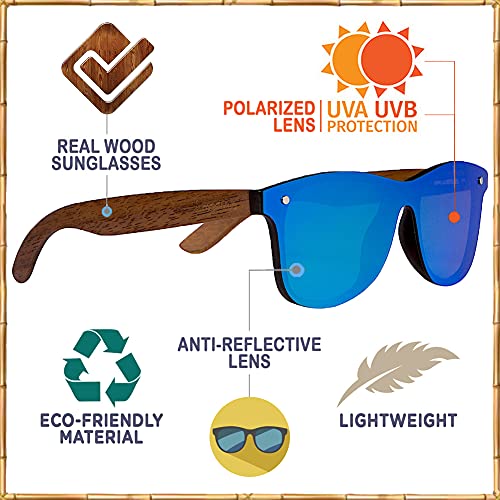 Woodies Oversize Flat Lens Mirrored Blue Walnut Wood Polarized Sunglasses For Men And Women | 100% Uva/Uvb Protection #TOP5