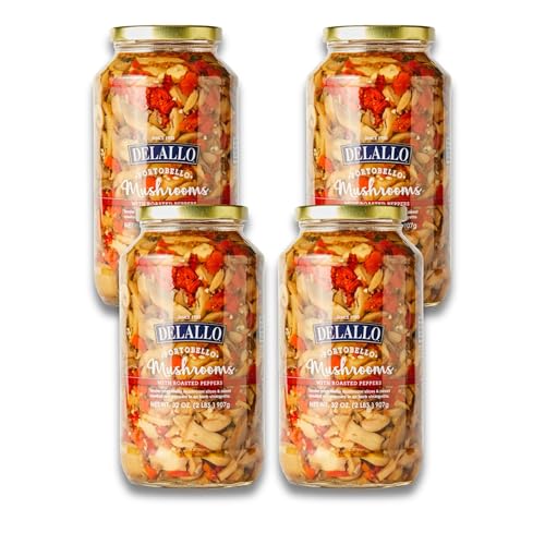 DeLallo Portobello Mushrooms With Roasted Peppers, Packed in Tangy Garlic Marinade, Ready-to-Serve Antipasto, Non-GMO, Gluten Free, Vegan, 32 oz Jar, (4 Pack)