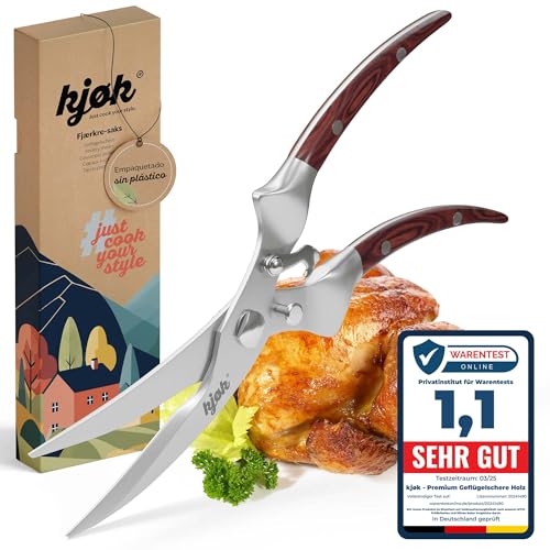 kjøk Premium Tijera para Aves de Corral de acero inoxidable y Madera – Tijera de trinchar profesional, ya sea para pollo o pato - Tijera de cocina multiuso para cortar aves de corral con facilidad