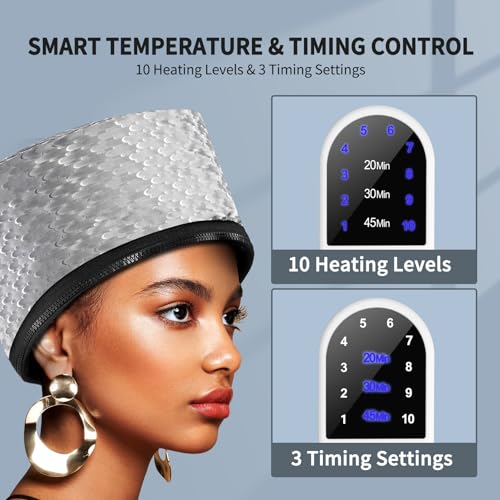 Heat Cap for Deep Conditioning: Hair Steamer for Natural Hair Home Use - Thermal Steam Cap for Black Hair Deep Conditioner with 10-Level Heats Up Quickly, Heating Caps for Hair Treatment - Grey