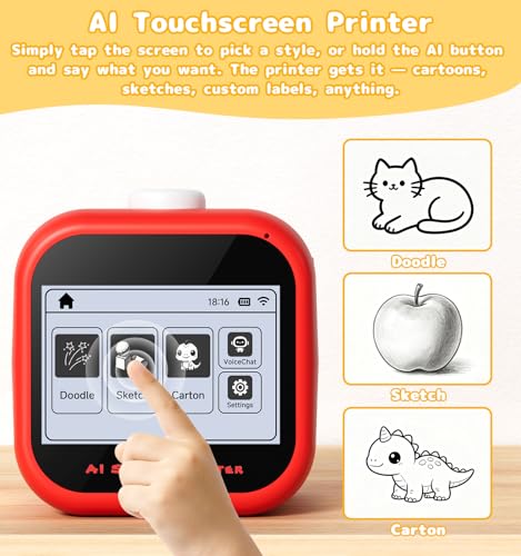 Image of AI Voice Sticker Printer, 3.5 inch HD Touchscreen Mini Thermal Inkless Printer with Ambient Light, WiFi Portable Sticker Maker Machine with 2000mAh Battery for Kids DIY, Journaling & Gift(Red)