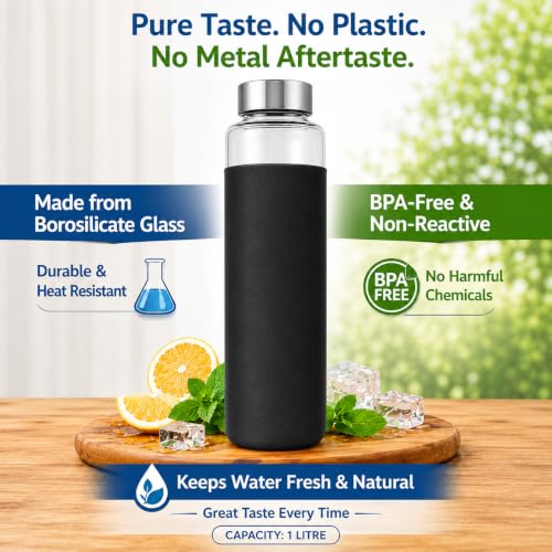 Image of Borosilicate Glass Water Bottle with Silicone Cover | 1 Litre 1000ml | Thermal Shock Resistant | Leakproof Steel Cap | BPA Free | Home Office Gym Fridge