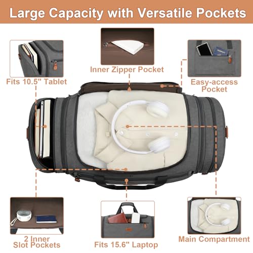 Image of Canvas Mens Duffle Bag for Travel - Expandable 50L Weekender Bags with Toiletry Bag, Overnight Bag Travel Duffel Carry On Luggage with Removable Shoulder Strap, Durable & Water-Resistant