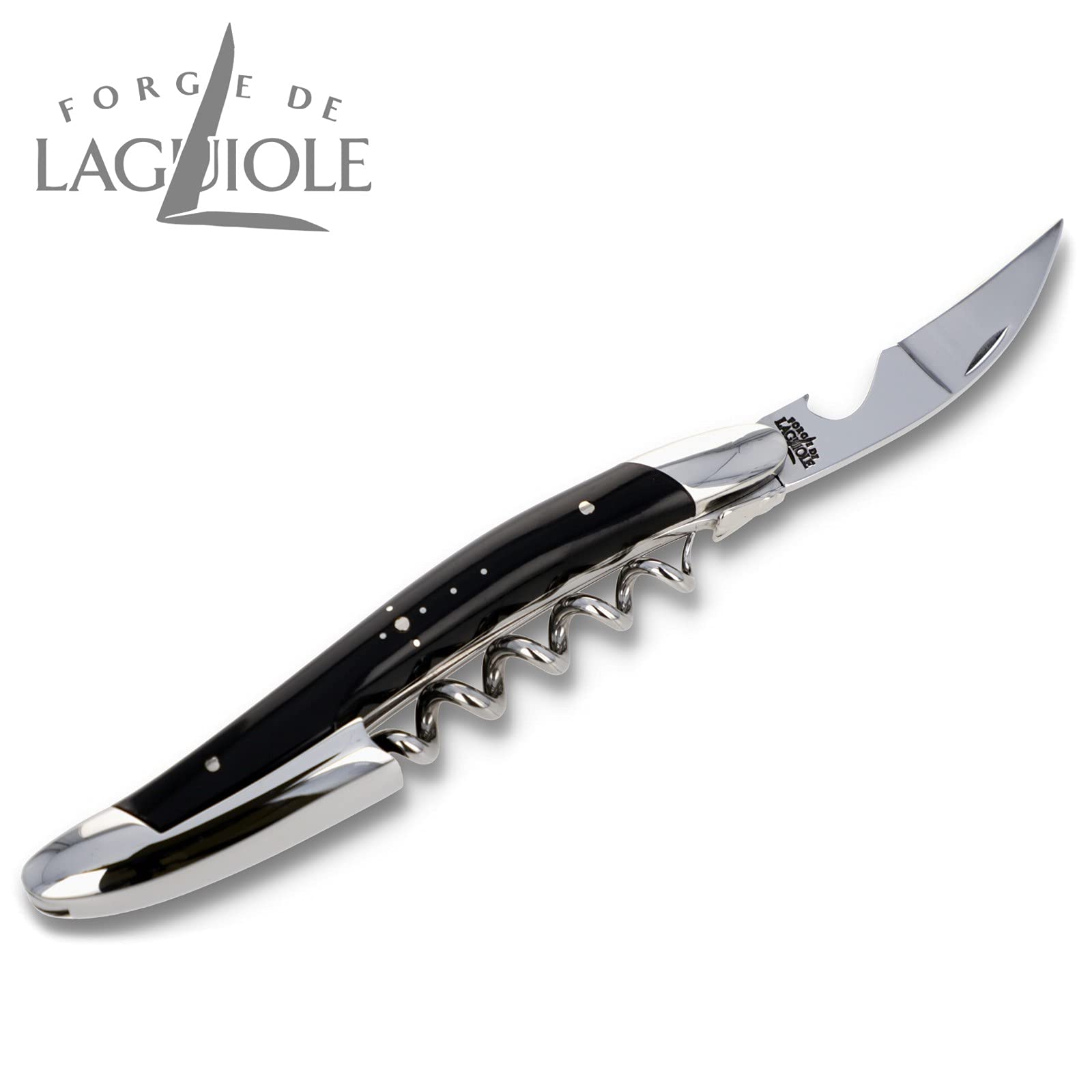 Forge de Laguiole Sommelierbesteck - Griff Büffelhorn schwarz - Edelstahl glänzend - Kellnermesser Weinöffner Frankreich